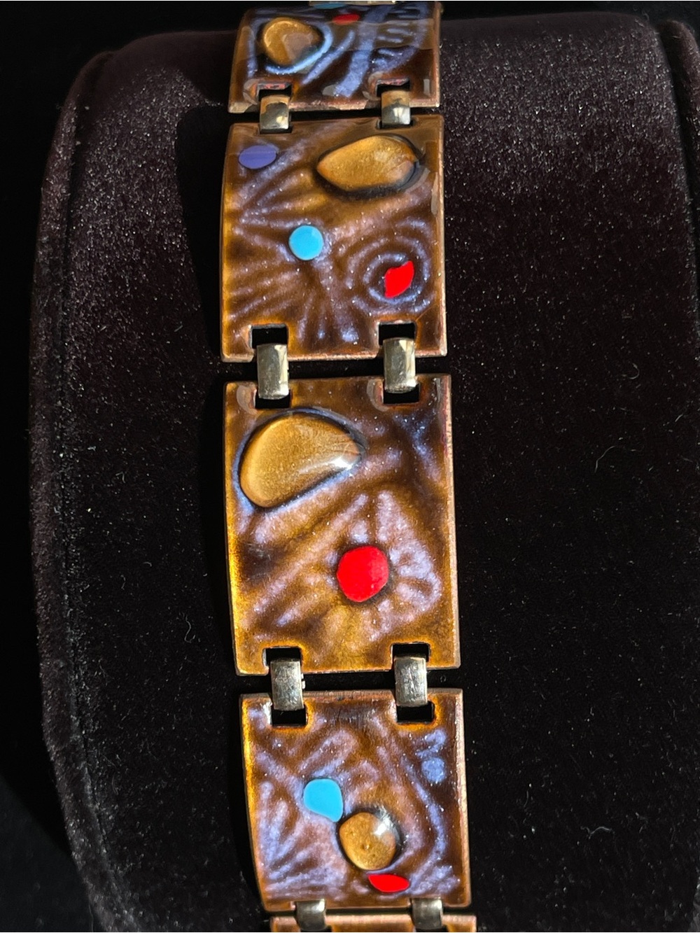 Vintage Kay Denning Mid-Century Multi-color Enamel Raised Glass Panel Bracelet 7